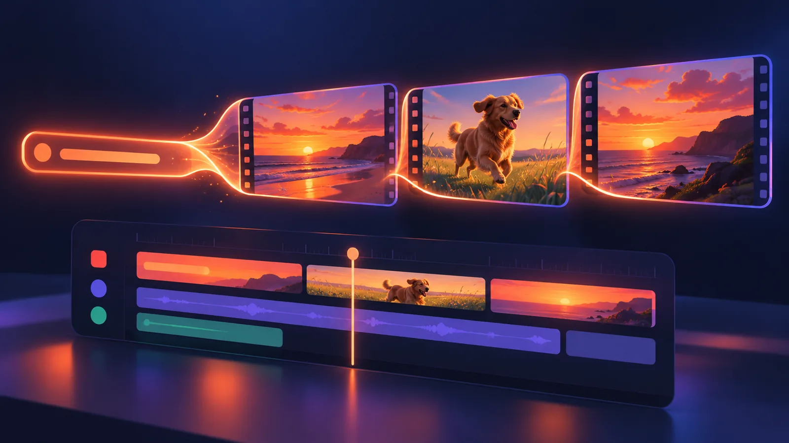 Beach and dog videos appear above a video editing timeline