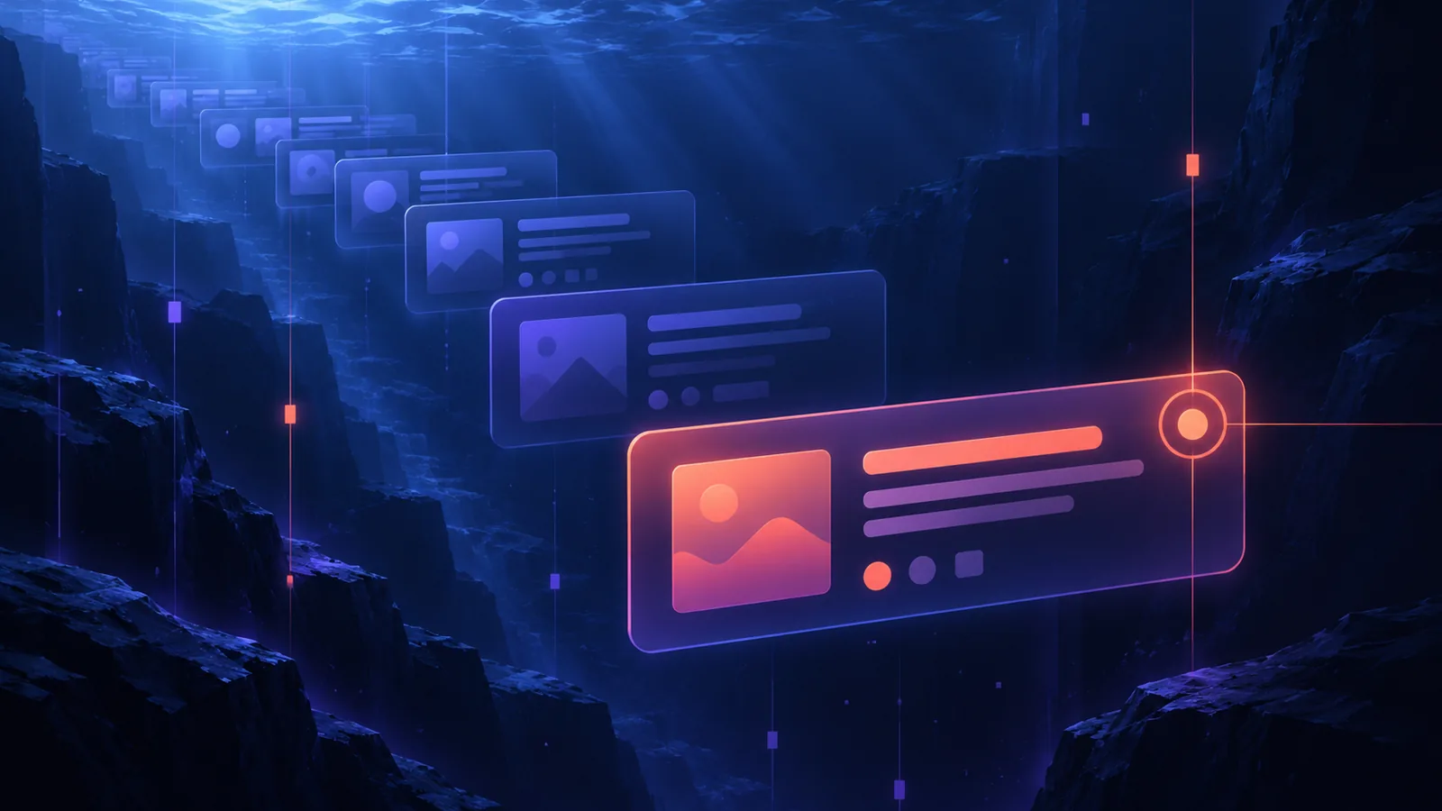 Deep blue search panels with a result marked by a target